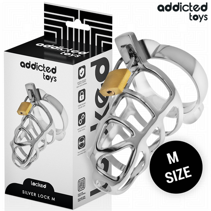 ADDICTED TOYS LOCKED - SILVER LOCK METAL PENIS CAGE SIZE M