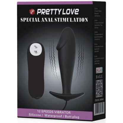 PRETTY LOVE - PLUG ANAL DE SILICONA FORMA PENE Y 12 MODOS DE VIBRACIÓN NEGRO