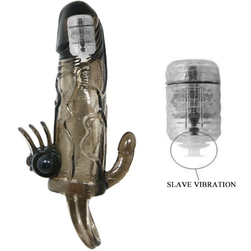 BAILE - BRAVE MAN FUNDA PARA PENE CON ESTIMULACIÓN DE CLÍTORIS Y ANAL DOBLE BALA NEGRA 16,5 CM