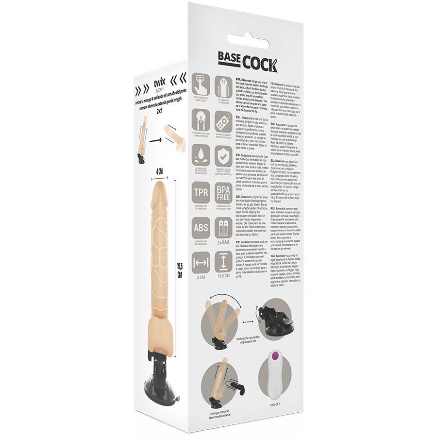 BASECOCK - VIBRATEUR RÉALISTE TÉLÉCOMMANDÉ NATUREL AVEC TESTICULES 19,5 CM -O- 4 CM