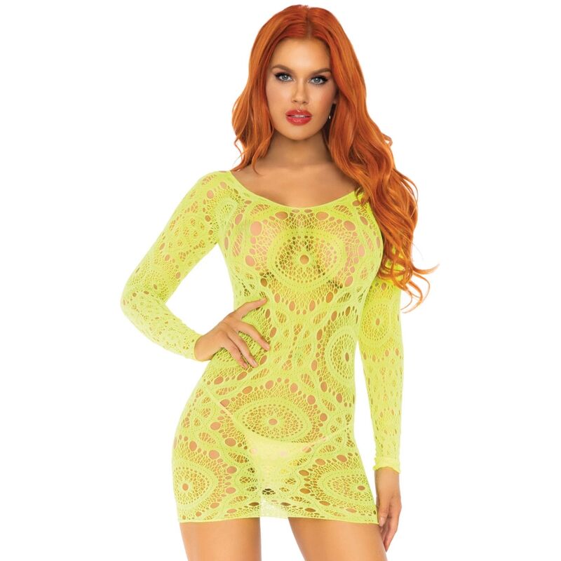 LEG AVENUE - ROBE MINI À MANCHES LONGUES EN DENTELLE AU CROCHET FLUO TAILLE UNIQUE