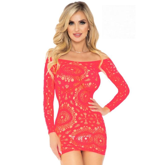 LEG AVENUE - CROCHET LACE LONG SLEEVE MINI DRESS RED ONE SIZE